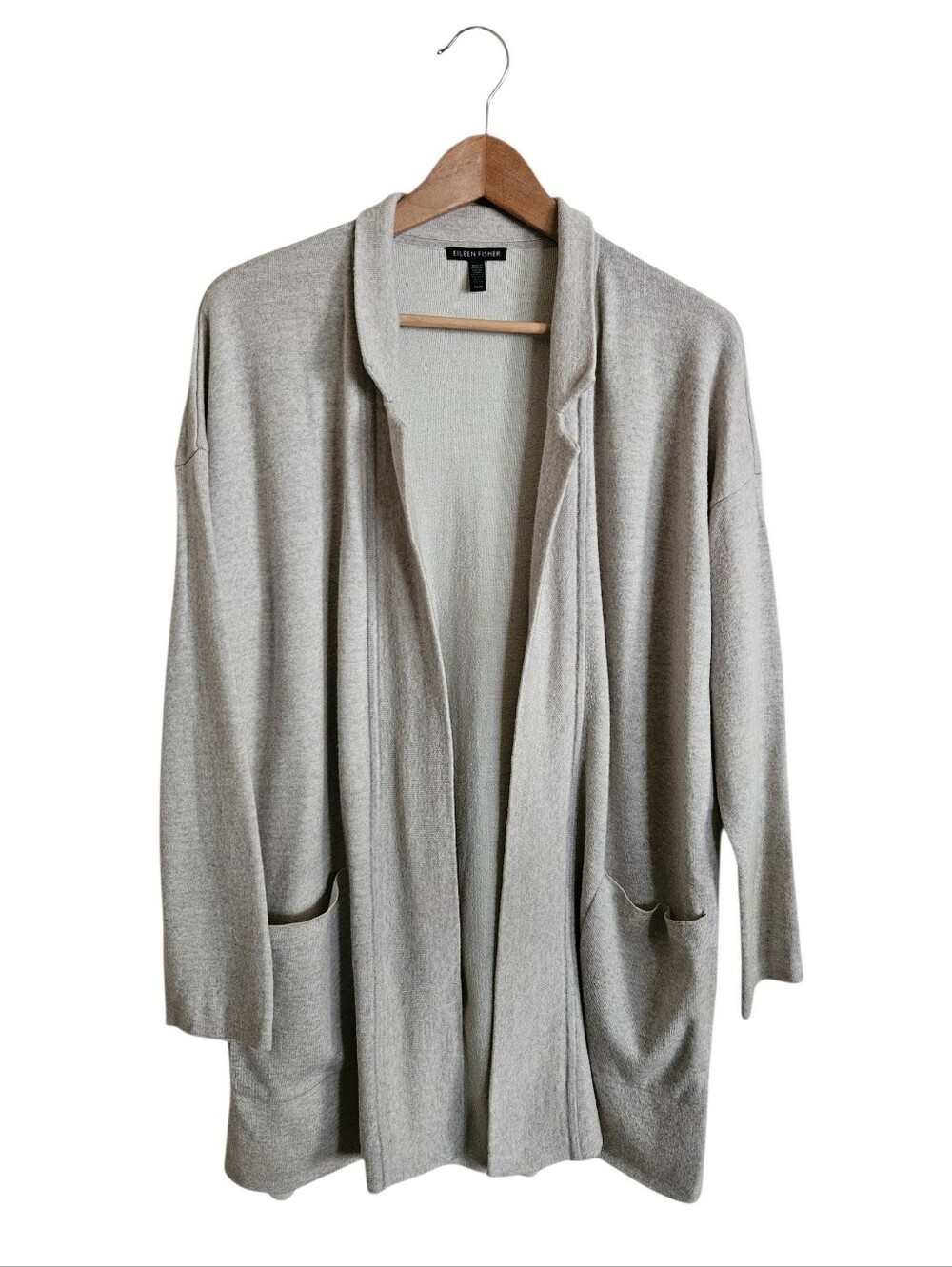 Eileen Fisher Heathered Gray Open-Front Merino Wool Blend Long Line Cardigan M
